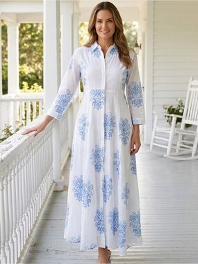 Julia Amory Shirt Dress Cotton Block Print White Blue Floral Size Small